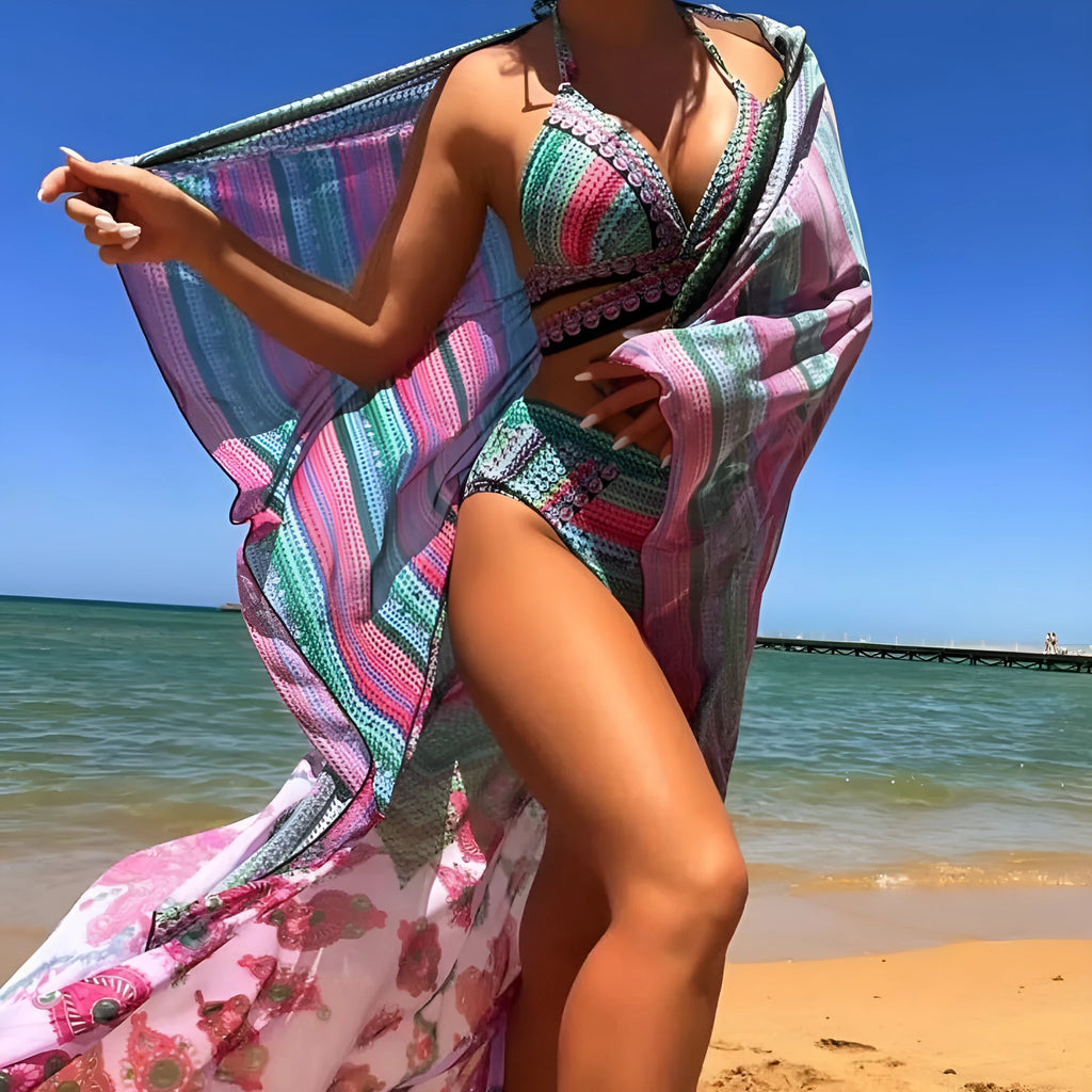 Women's high waist bikini swimsuit with cross bandage design in blue red, a three-piece set including smock.