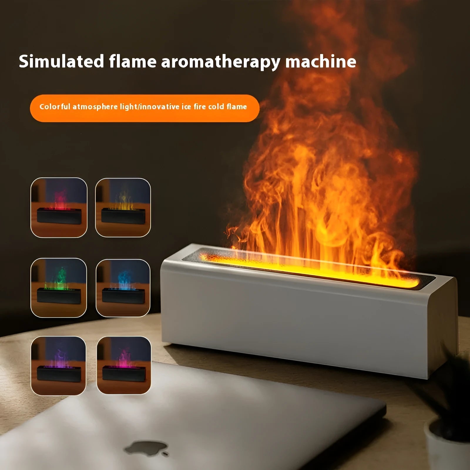 Black square USB aroma diffuser with colourful flame light effect and mist output on a wooden table.