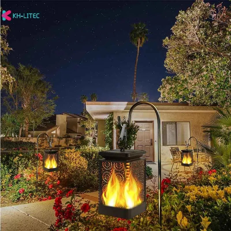 Black solar hanging flame torch light with flickering LED effect for outdoor garden decoration