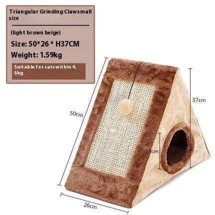 Triangle-shaped sisal cat scratching post and bed in grey and white colour option