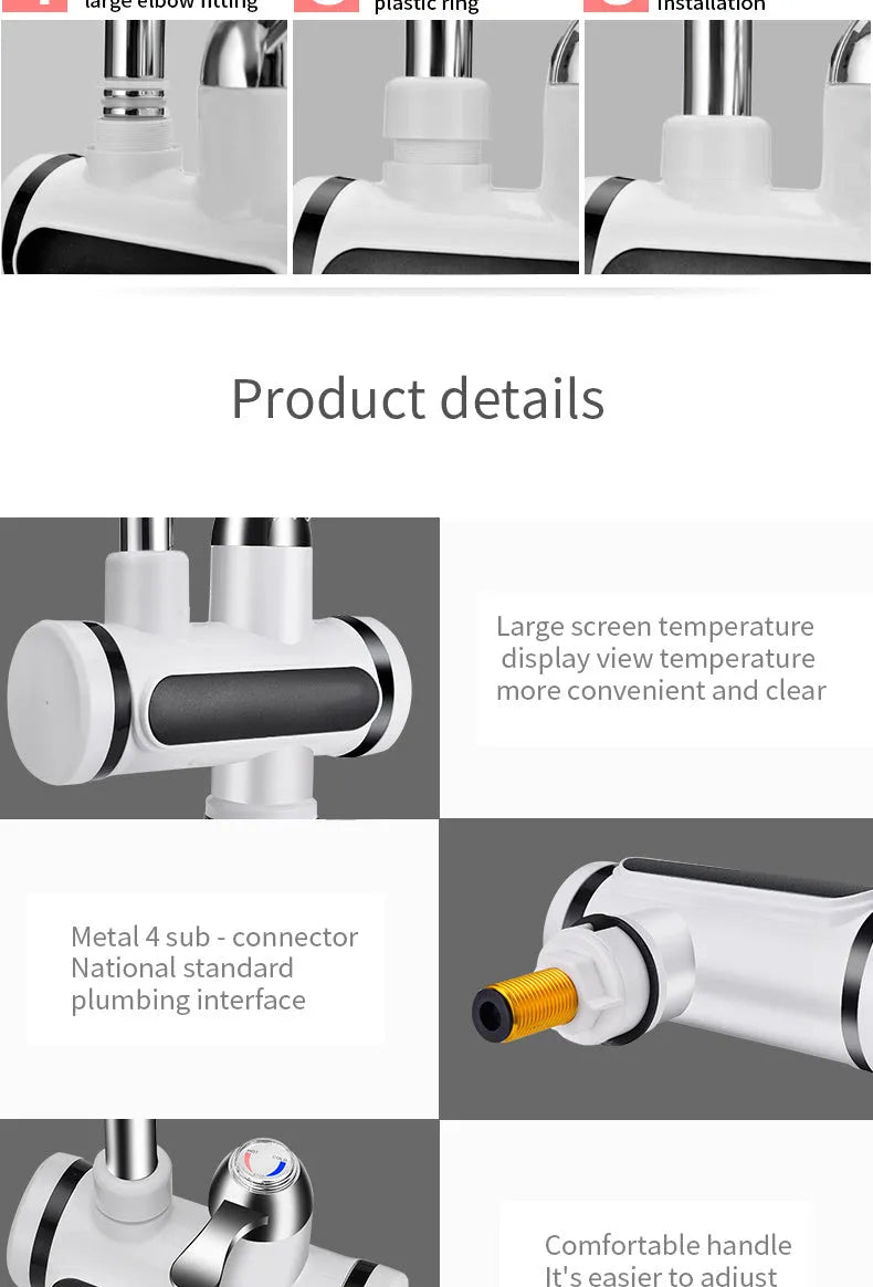 White electric water heater tap with digital temperature display for kitchen sink installation