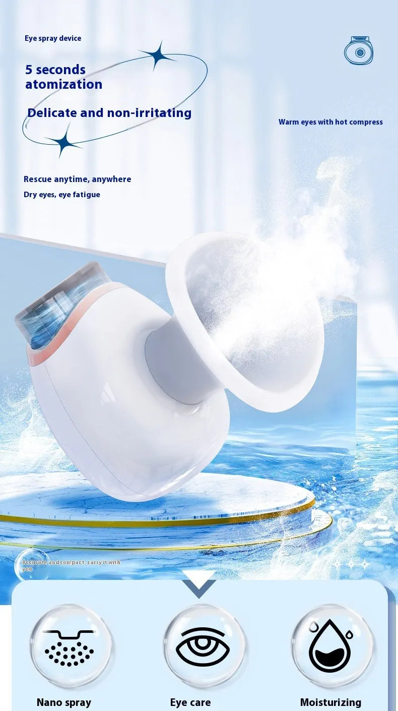 White and purple portable eye humidifier device with USB charging cable on a table.