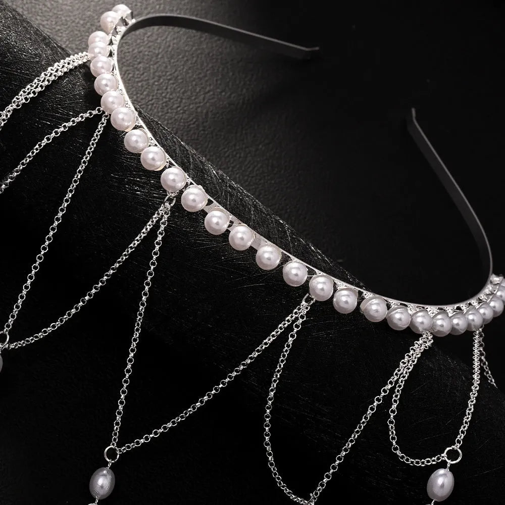 Gold mesh tassel hair chain for women with pearl construction and electroplated finish