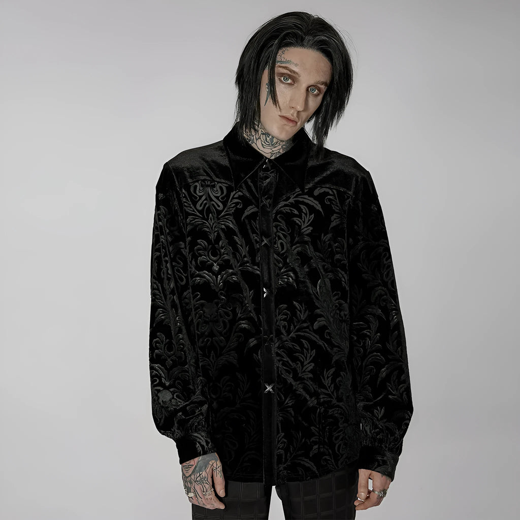 Black Gothic style men's velvet shirt with pointed collar and decorative flocking details