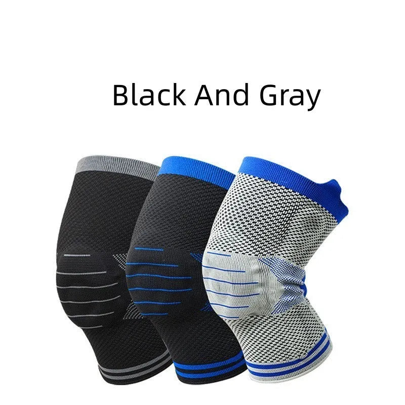 Cotton knee pad with silicone spring bar shock absorber in black and blue colour.