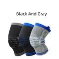Cotton knee pad with silicone spring bar shock absorber in black and blue colour.