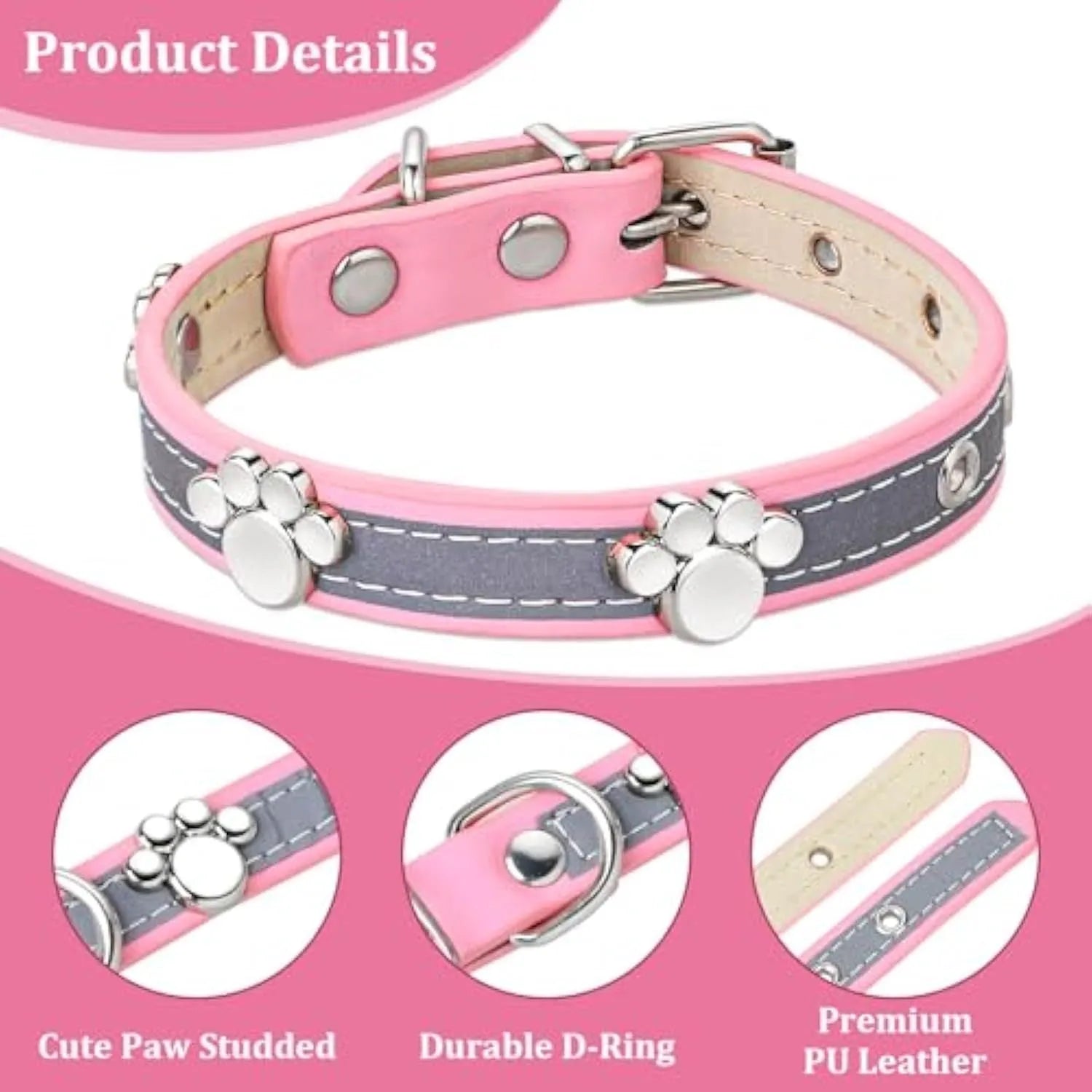 Reflective PU leather dog collar with metal paw rivets and adjustable buckle
