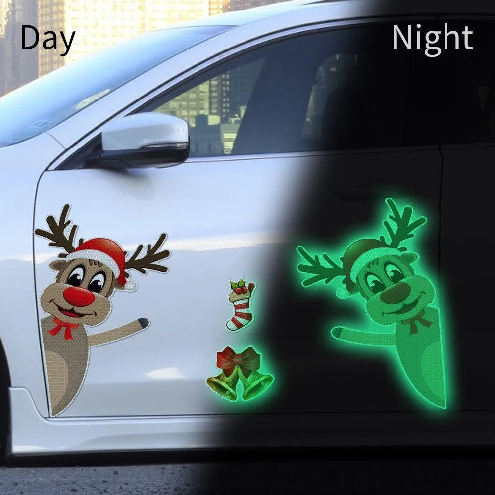 Christmas cartoon elk and bell magnetic car bumper stickers with luminous reflective surfaces