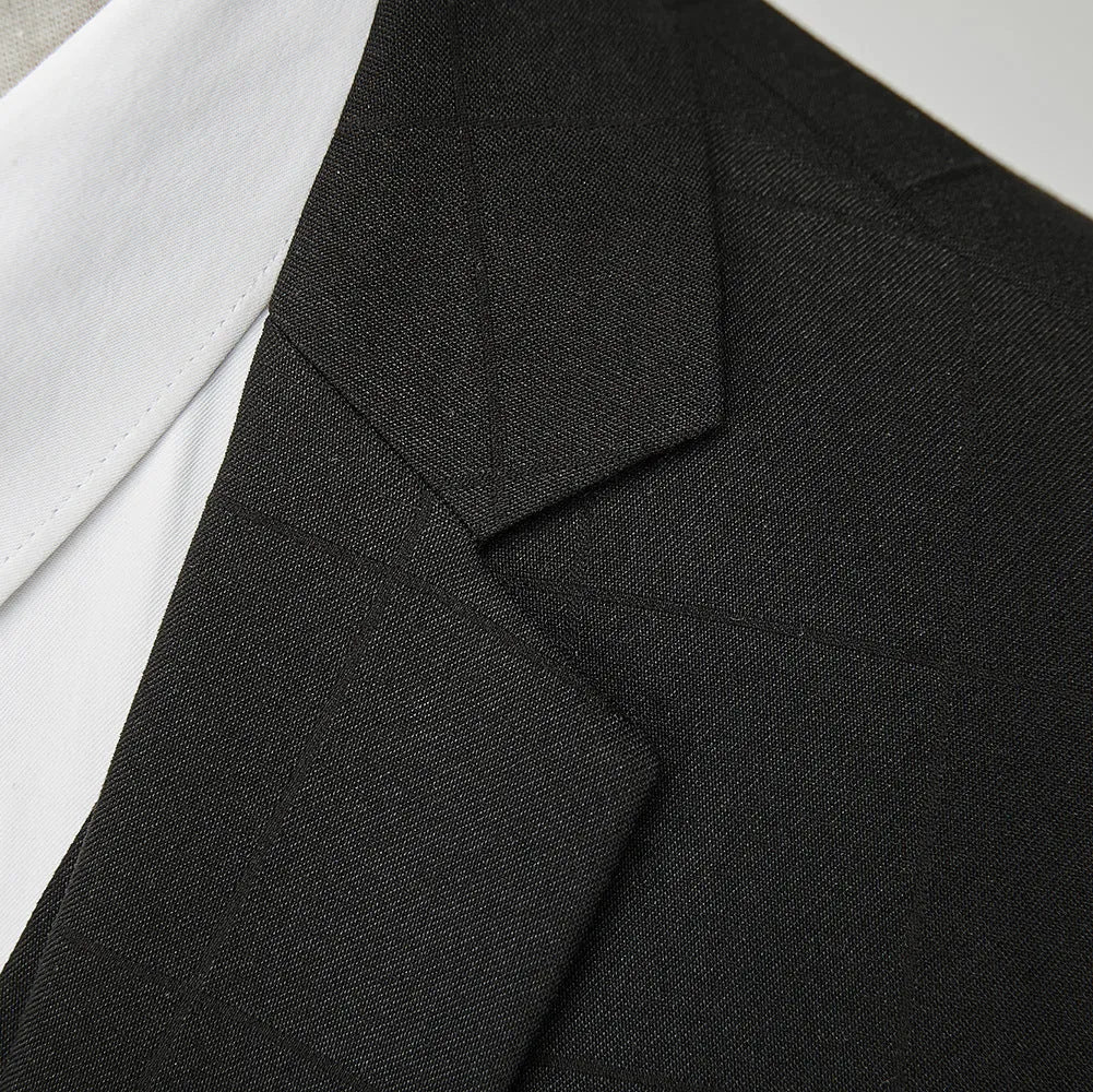 Men's navy blue slim fit three-piece suit with jacket, vest, and trousers on a hanger.