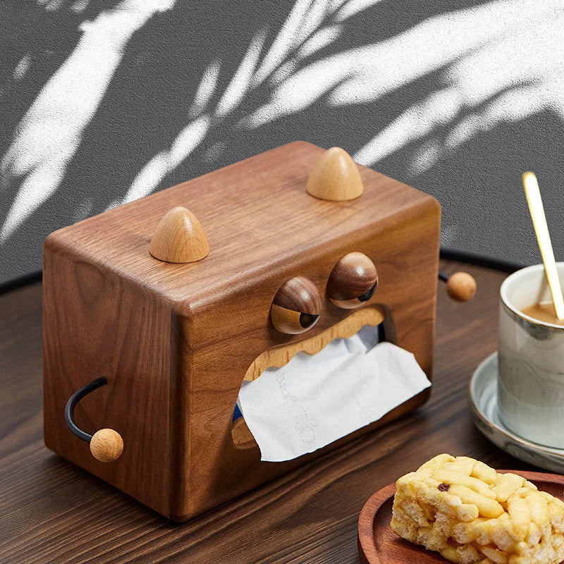 Cartoon monster design wooden tissue box in walnut beech finish, 190mm long
