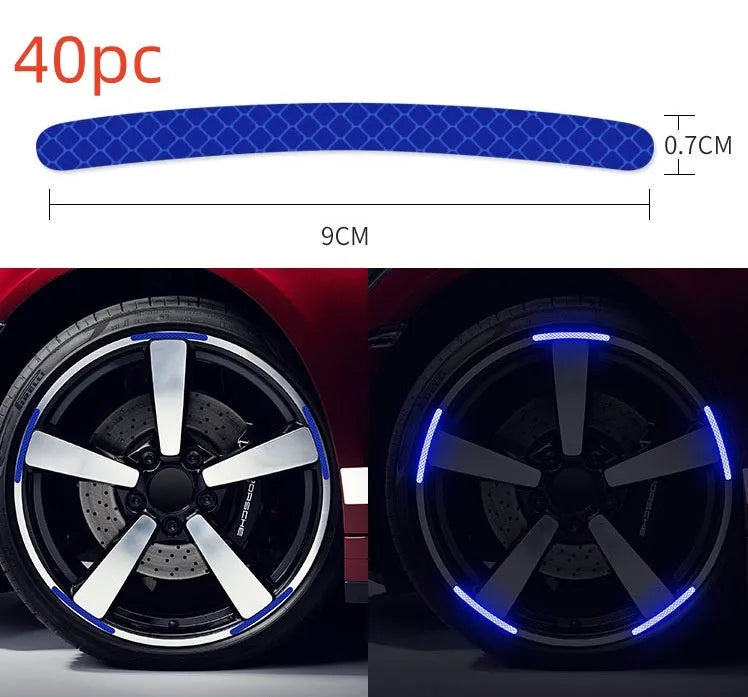 20-piece wheel hub reflective stickers in multiple colours including fluorescent, rainbow, and luminous options