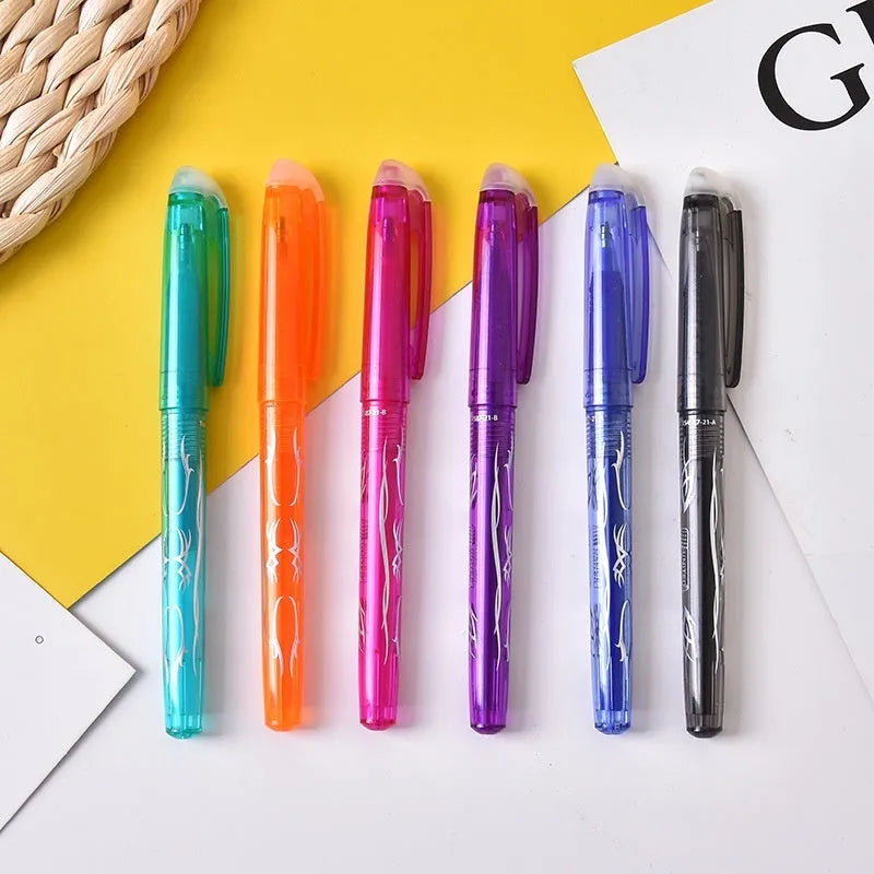 Heat-erasable gel pens with plastic shells and stainless steel nibs in multiple colours for office use