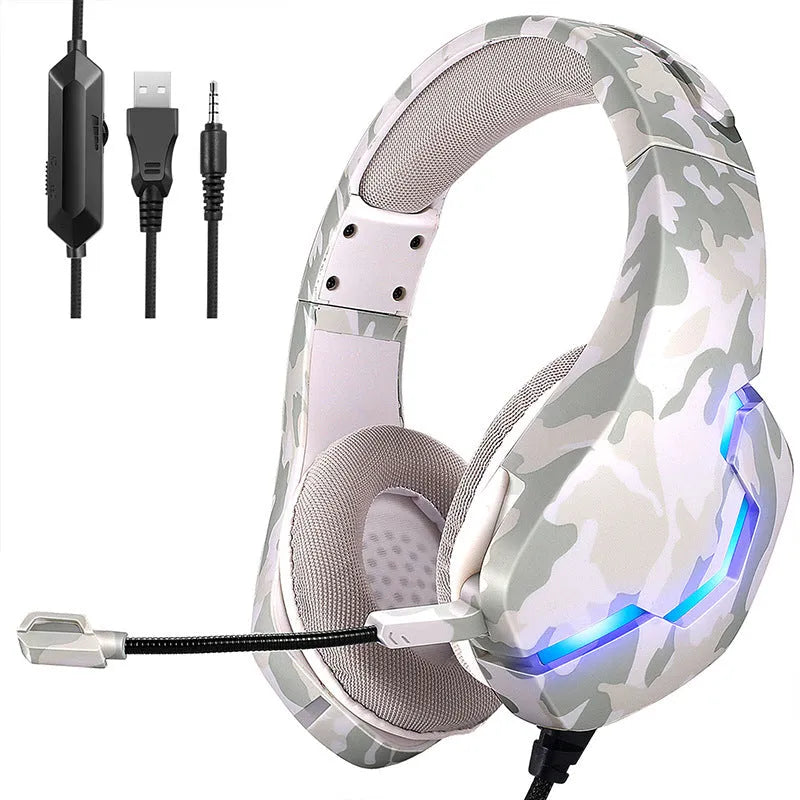 Wired gaming headset with camouflage design and braided cable showing 3.5mm plug and adapter