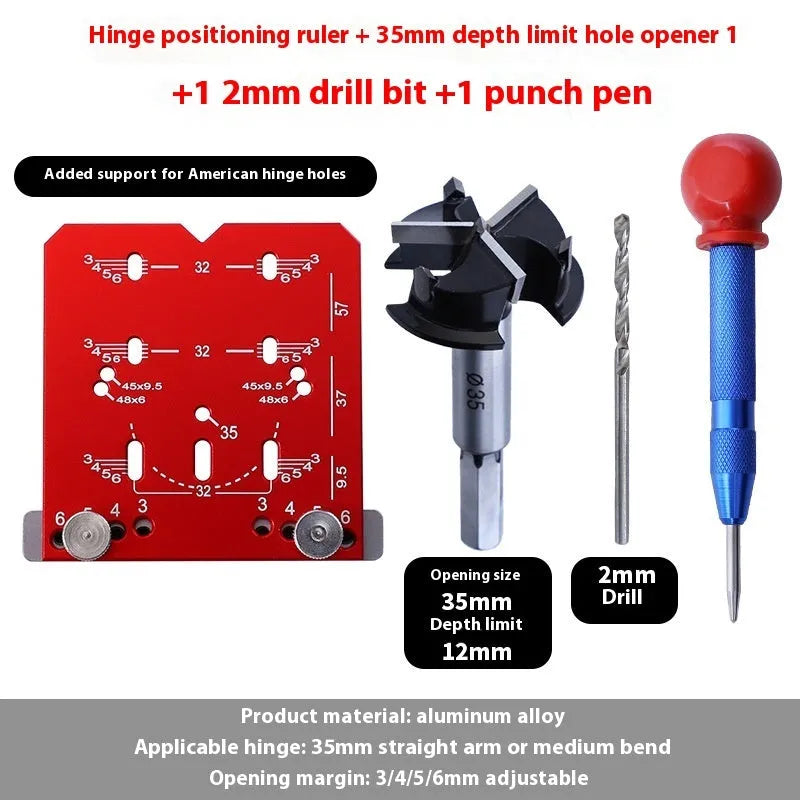 35mm hinge punch locator tool with adjustable margin ruler and hard alloy tapper blade for cabinet installation.