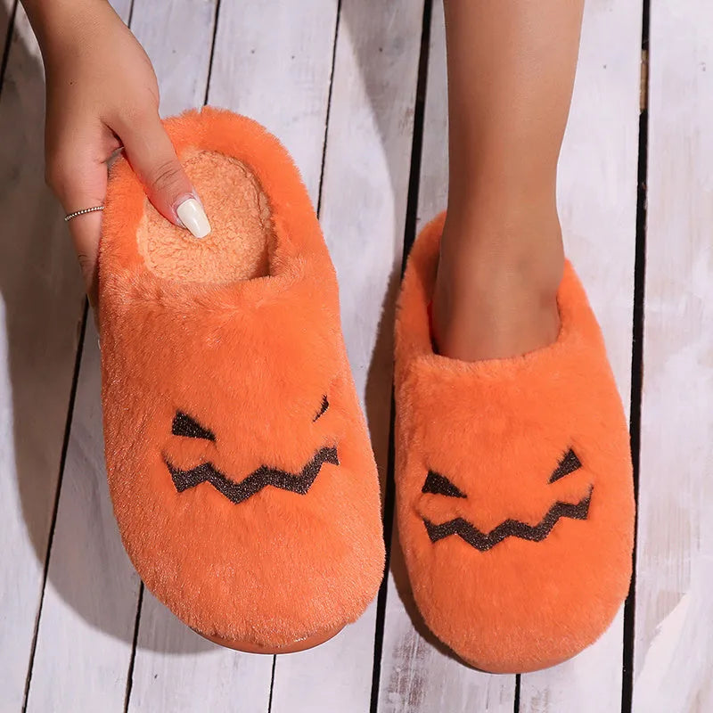 Orange pumpkin slippers with coral velvet upper and PVC sole
