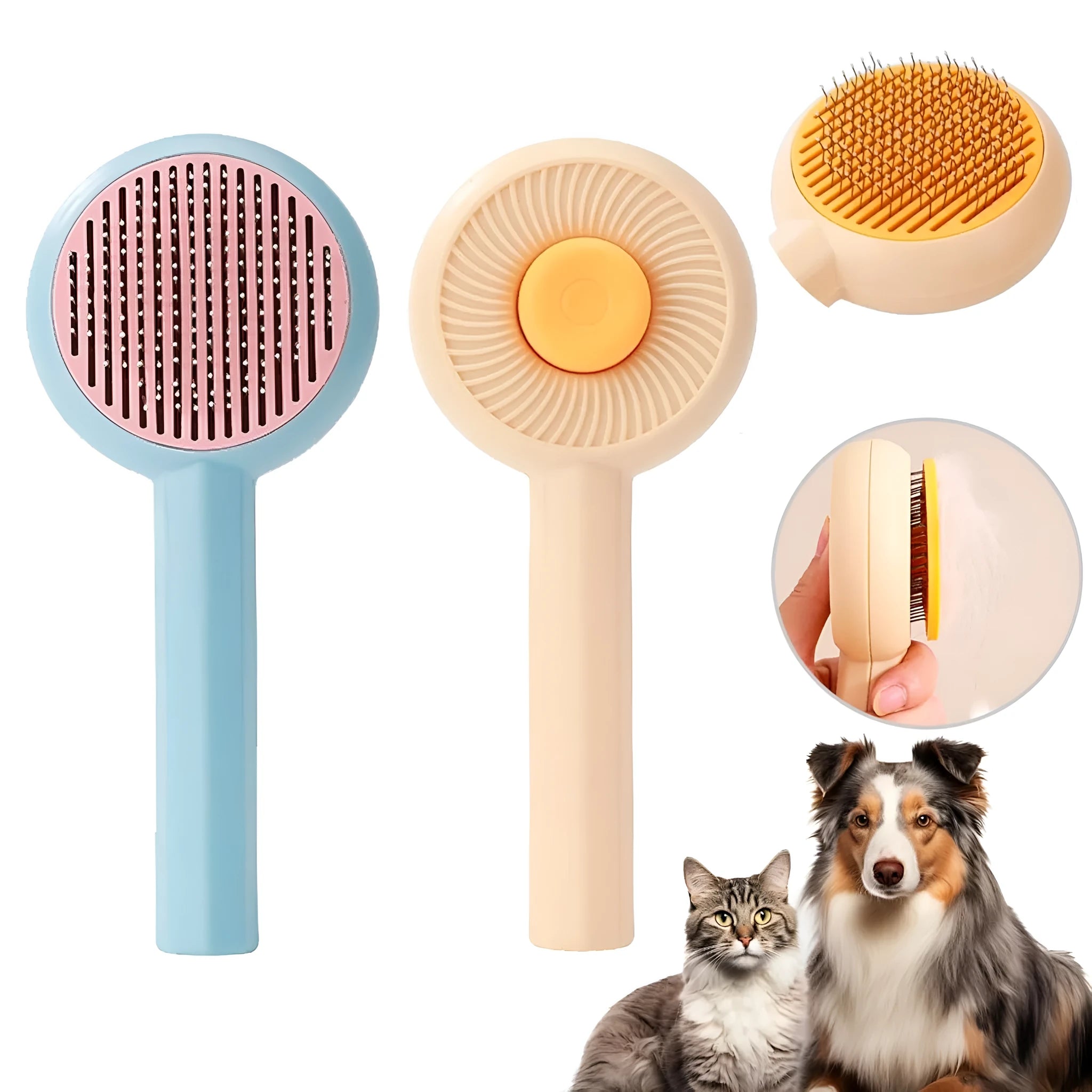 Blue self-cleaning pet grooming brush with angled stainless steel bristles and massage tips