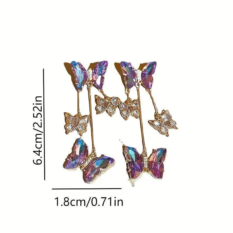 Silver needle crystal flowers butterfly tassel earrings in blue purple colour on alloy hooks