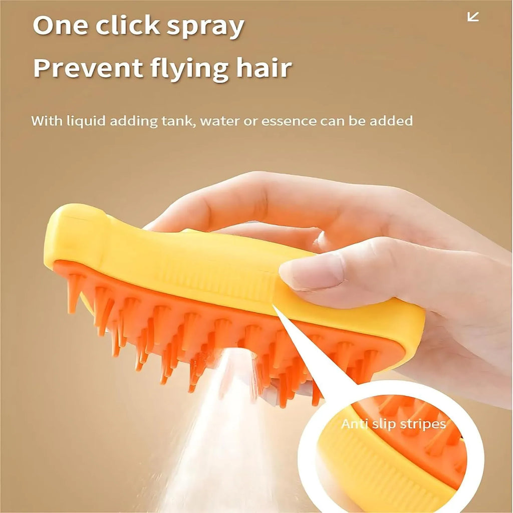 Green and yellow rechargeable 3-in-1 cat steam brush with silicone teeth and massage function.