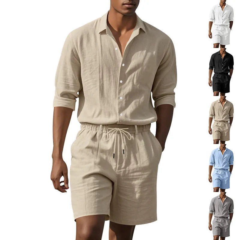 Men's linen long sleeve shirt and shorts beach suit set on a hanger, shown in a light blue colour.