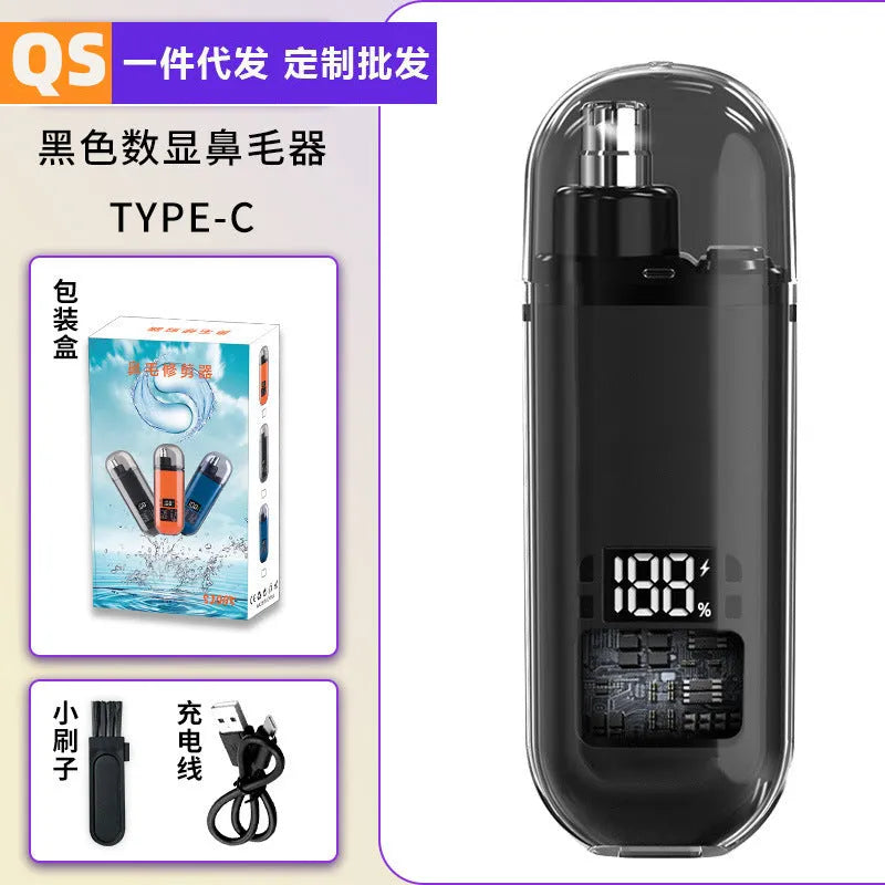 Rechargeable nose hair trimmer with removable stainless steel cutter head and digital display.