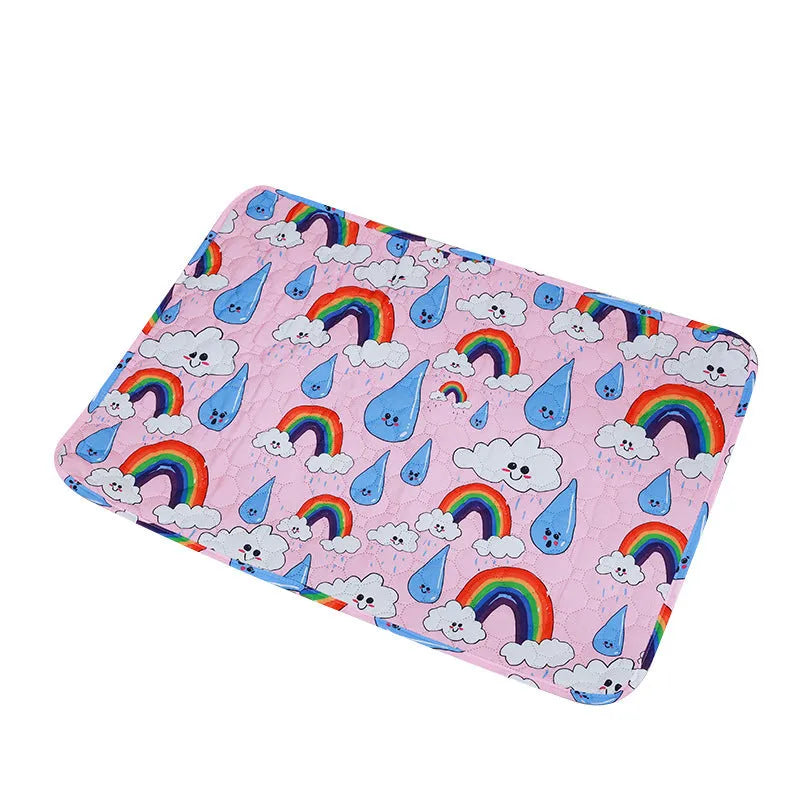 Reusable cloth pet urine pad with colourful animal print and waterproof backing.