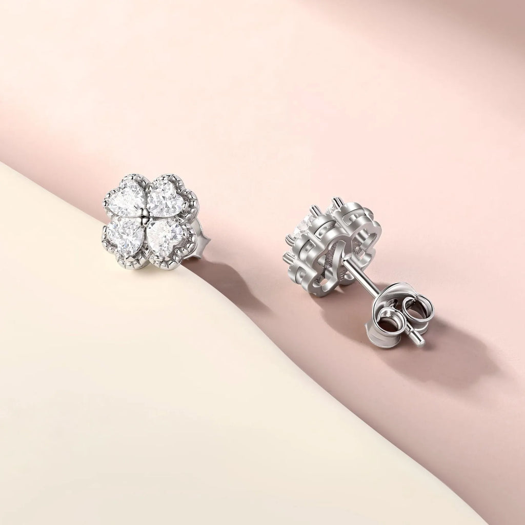 925 silver heart-shaped earrings with white gold colour finish and zircon stone inlay featuring four-leaf clover design