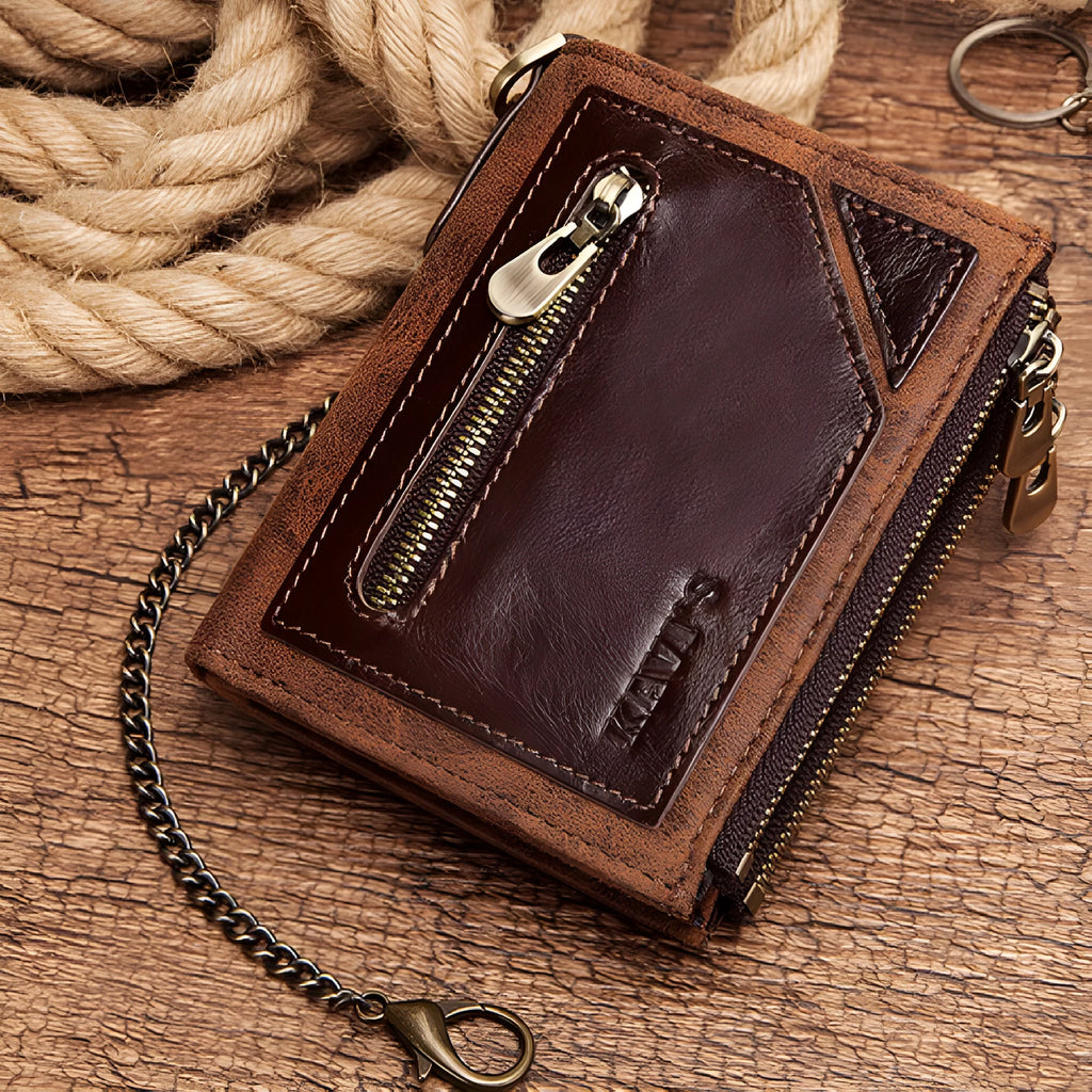 Dark brown men's leather wallet with chain detail showing RFID protection functionality