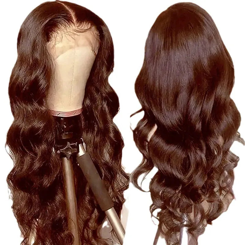 Long curly dark brown synthetic wig with side bangs on a mannequin head.