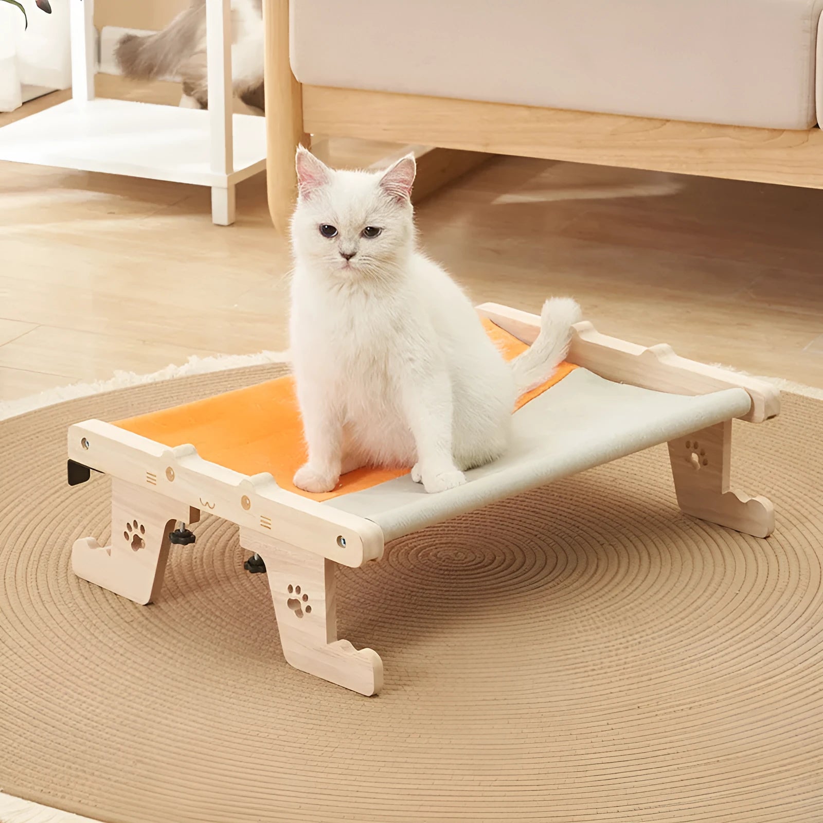 Wooden frame hanging cat hammock bed for balcony or window, suitable for cats and dogs.