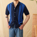Man wearing a royal blue striped short sleeve polo shirt with a lapel collar.