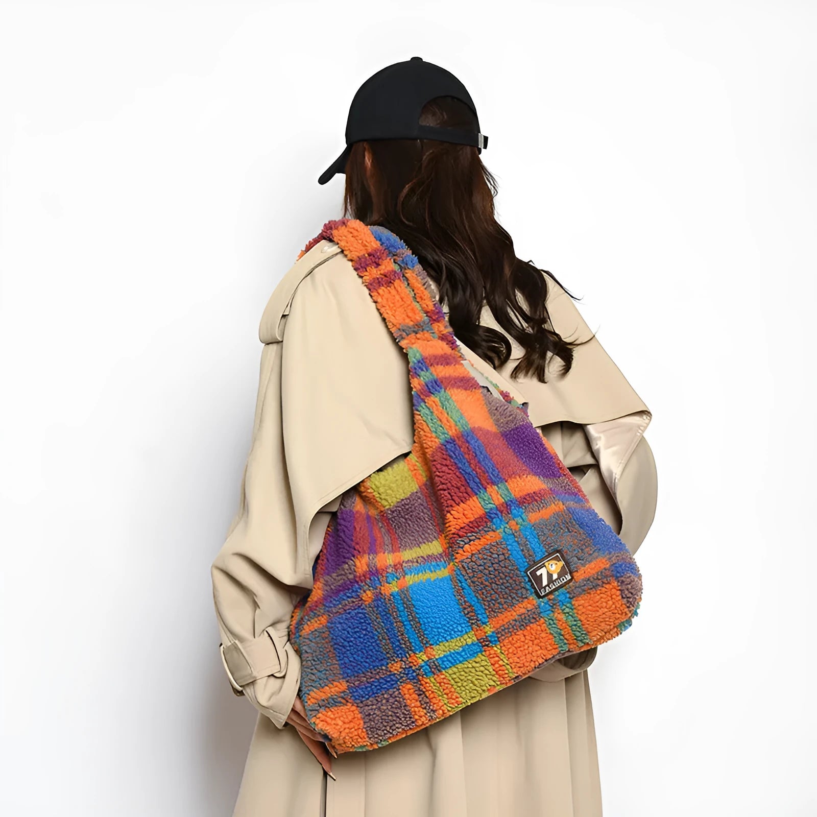Women's soft plush plaid crossbody tote bag in Army Green showing large capacity and strap-free design.