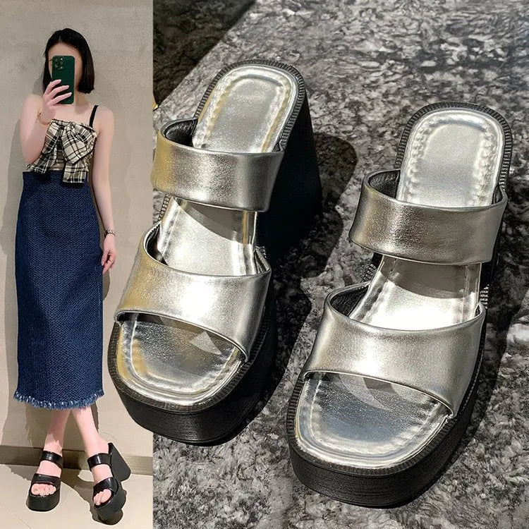 Women's black wedge platform slippers with square toe and high heel design