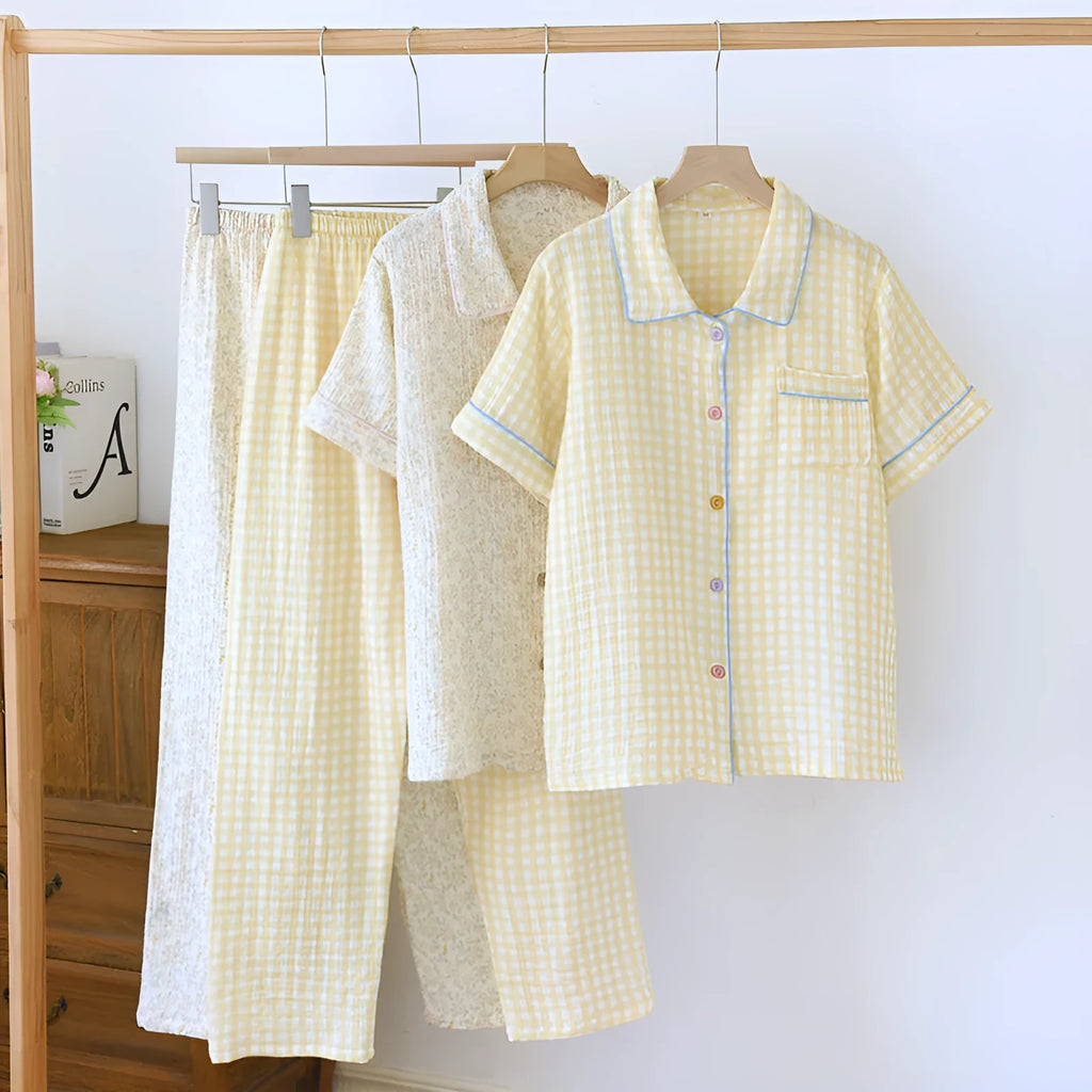 Women's washed cotton double-layer gauze short-sleeved trouser set in floral or plaid pattern