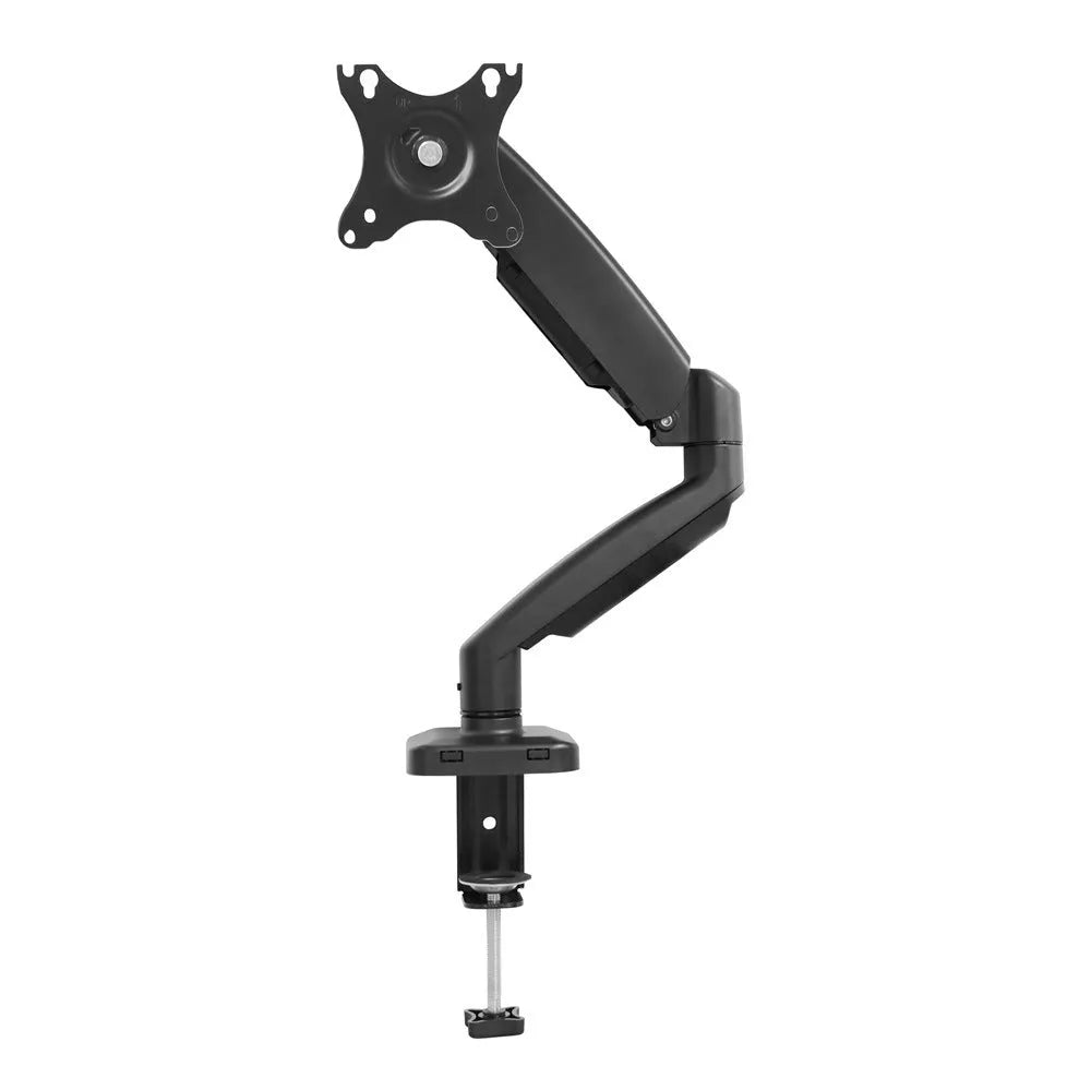Black rotating telescopic LCD screen bracket elevating a monitor on a desk.