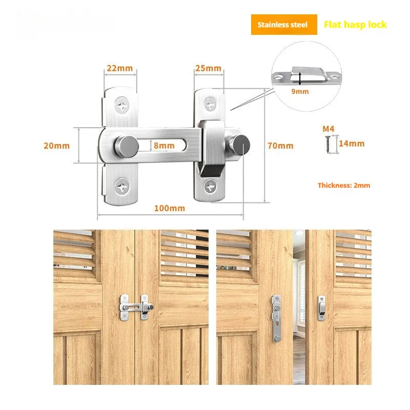 90-degree sliding door lock in black carbon steel and stainless steel versions with flat shackles