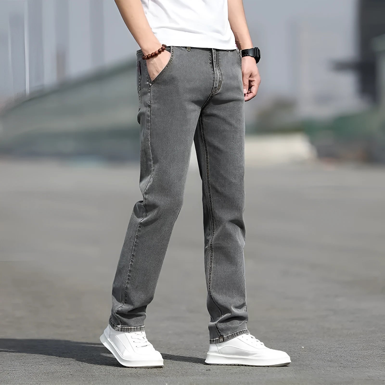 Men's smoky grey straight cut jeans with rabbit fur fabric and zip fly closure