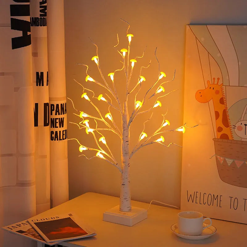 60cm mushroom tree LED lamp with 24 warm lights on birch branches