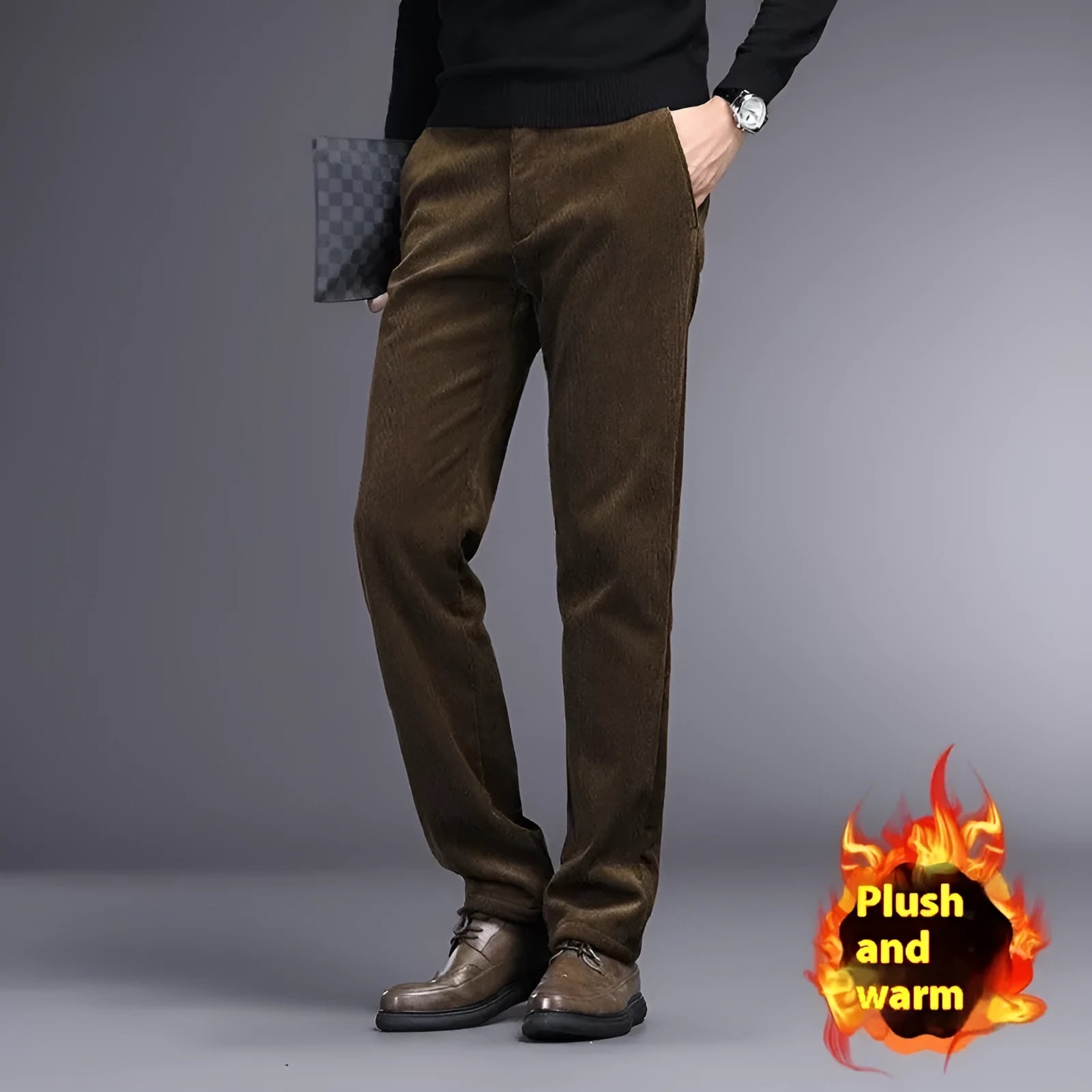 British retro striped straight-leg trousers in a chemical fibre blend, showing zip placket detail.
