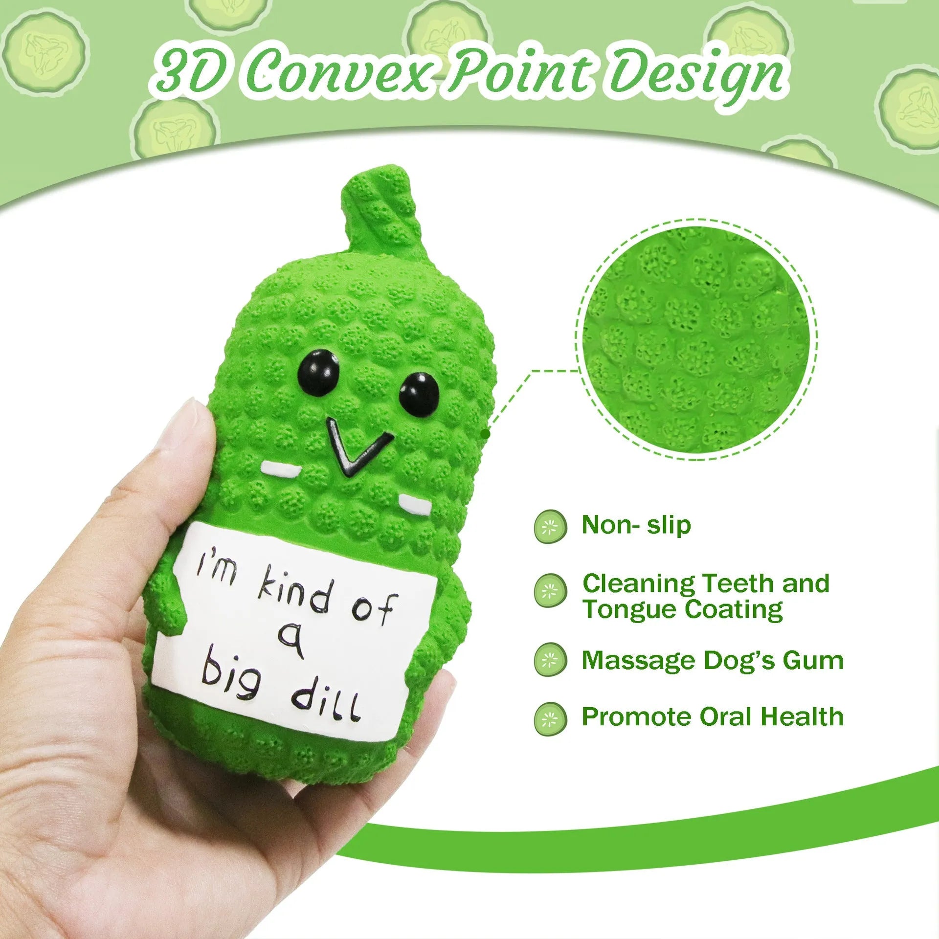 Green latex pickle dog chew toy with凸 nubs and squeaker inside.
