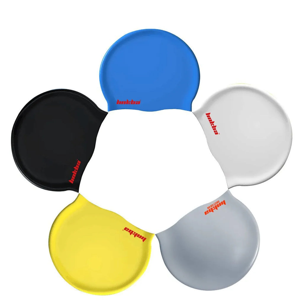 Silicone swimming cap with waterproof earmuffs in five colour options: black, white, yellow, blue, grey.
