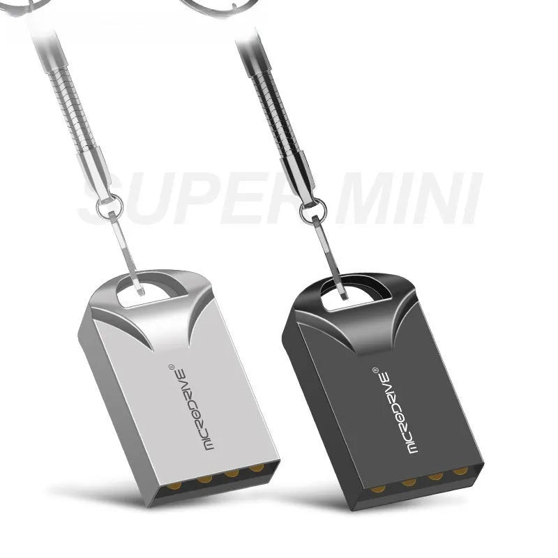 Mini metal USB flash drive in black or silver showing compact 23mm length with standard USB connector