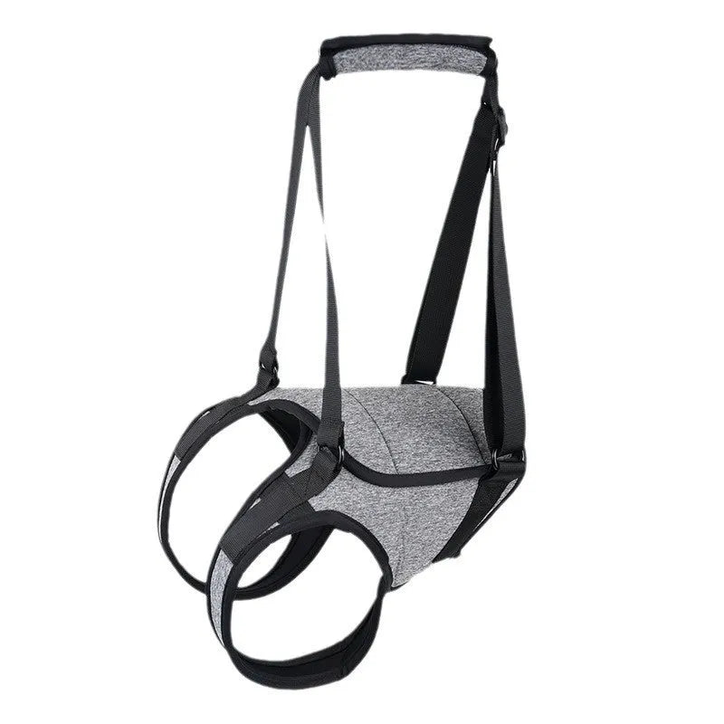 Grey neoprene dog recovery belt wrapped around a dog's waist and thigh for rear leg support.