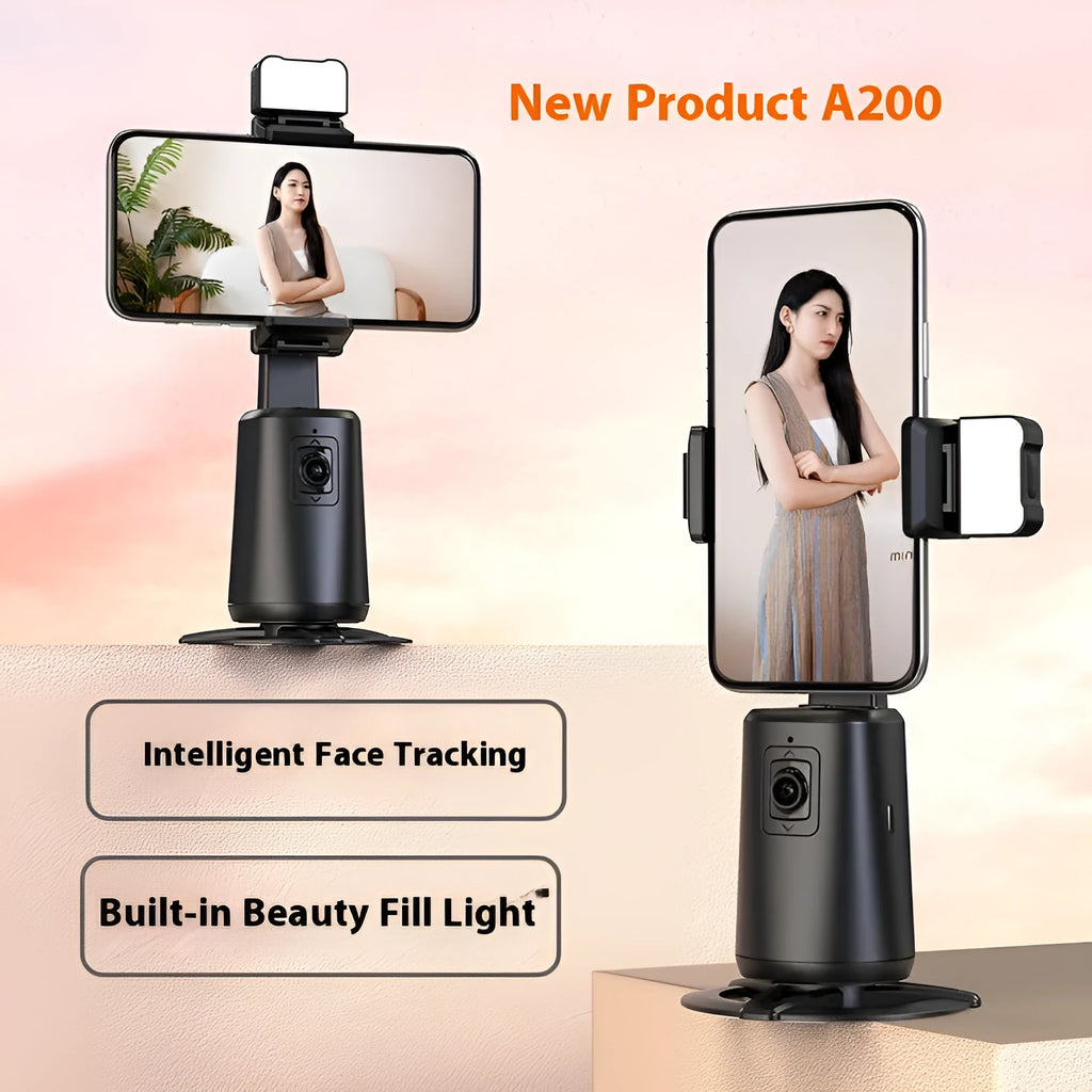 Black desktop phone bracket with face tracking camera and ribbon lights