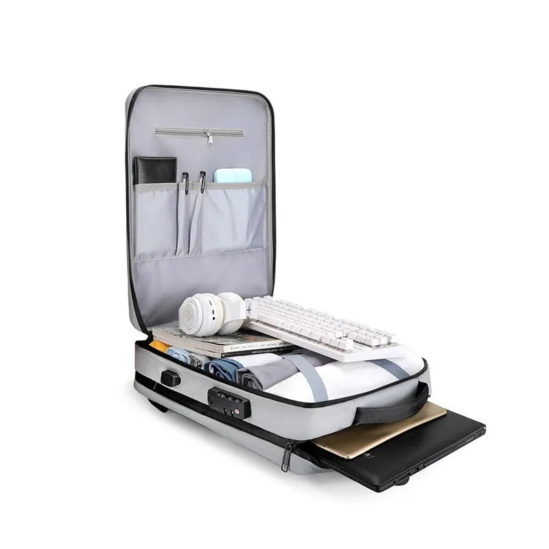 Waterproof ABS PC business backpack in black and silver white colour options showing curved shoulder straps