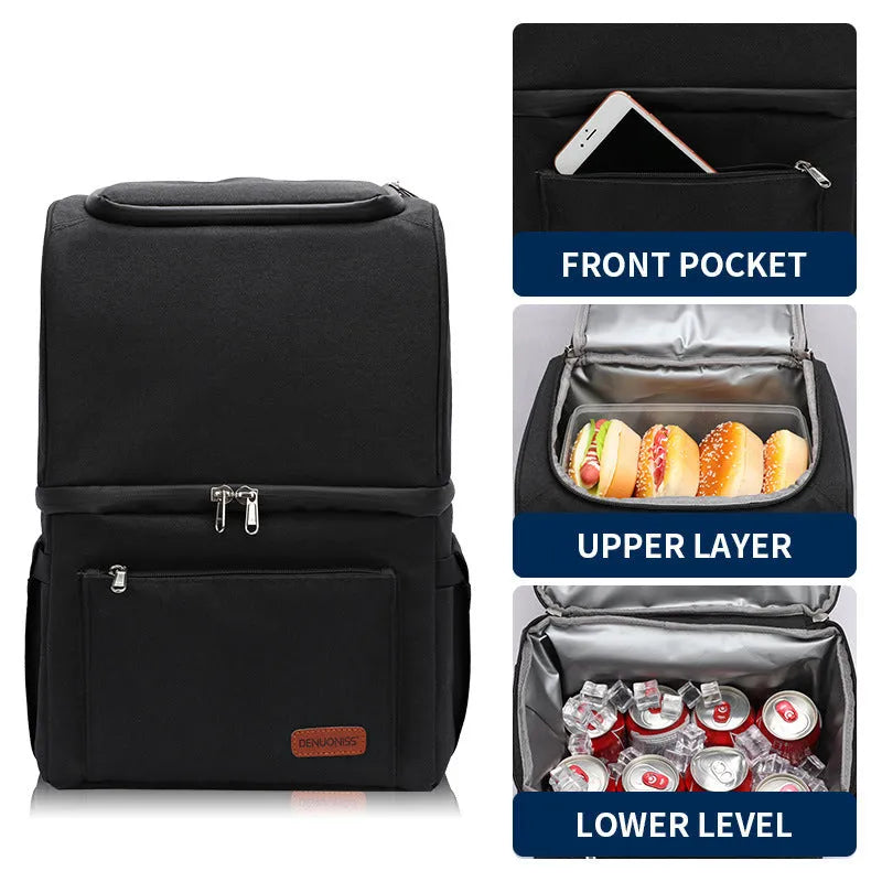 Blue double-layer insulated backpack cooler with large main compartment and external pockets.