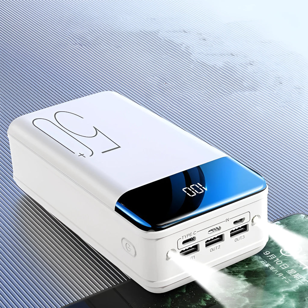 Large black 50000mAh power bank with three USB output ports showing dimensions 169x83x52mm