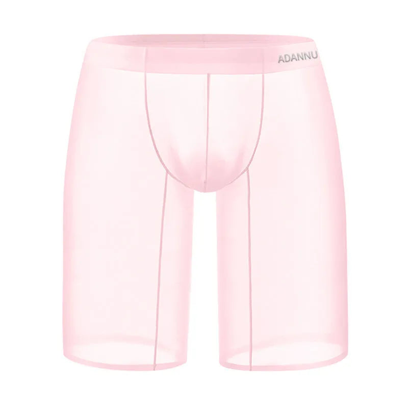 Men's black knitted nylon mesh home shorts on a hanger, showing seamless design.