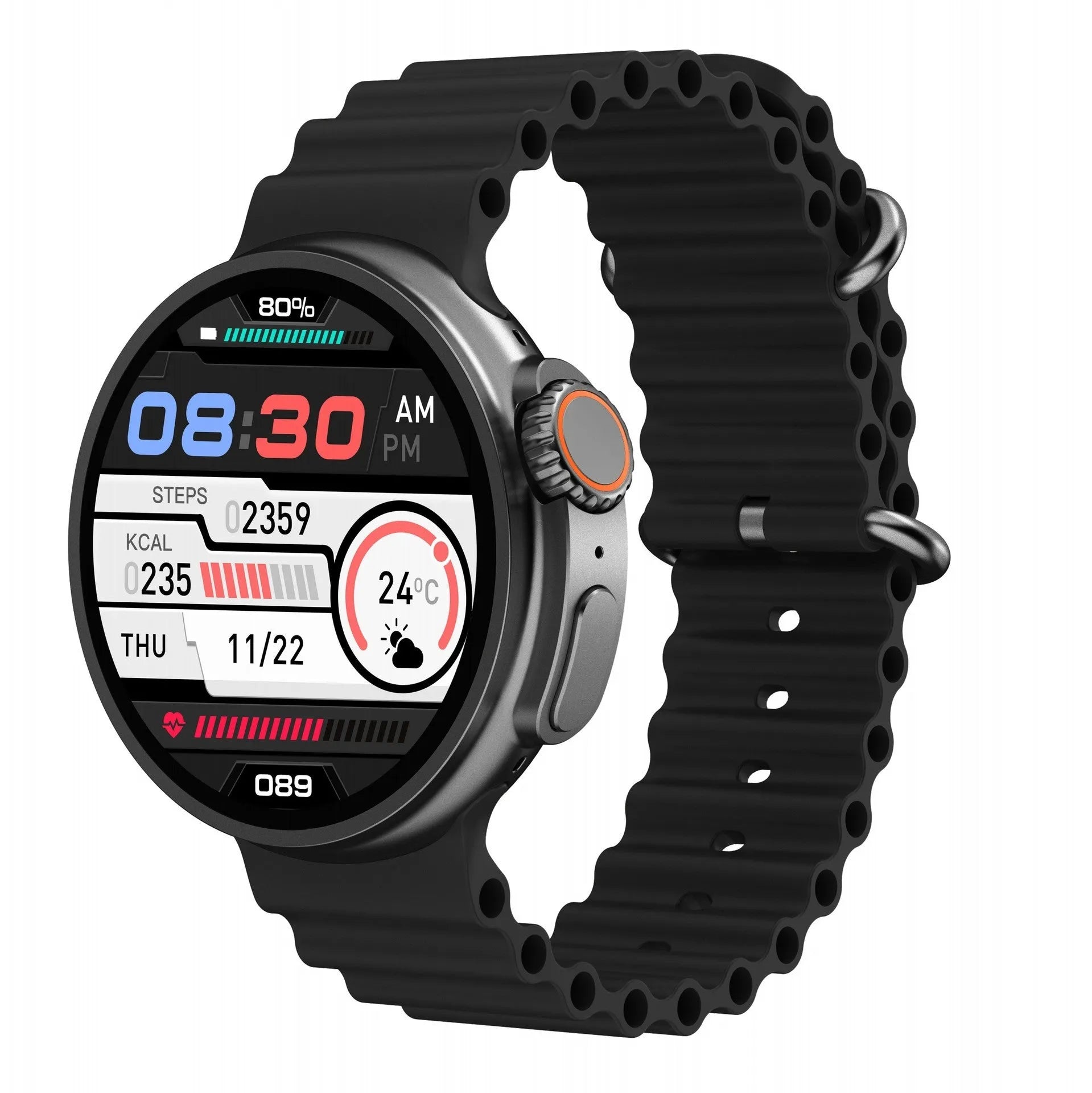 K9 smartwatch with round screen on silicone strap, showing health stats and NFC payment icon.