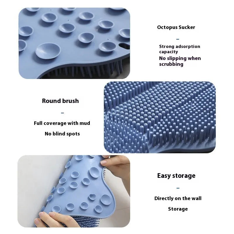 Blue silicone bath brush cushion mat for skin scrubbing measuring 31cm by 32cm