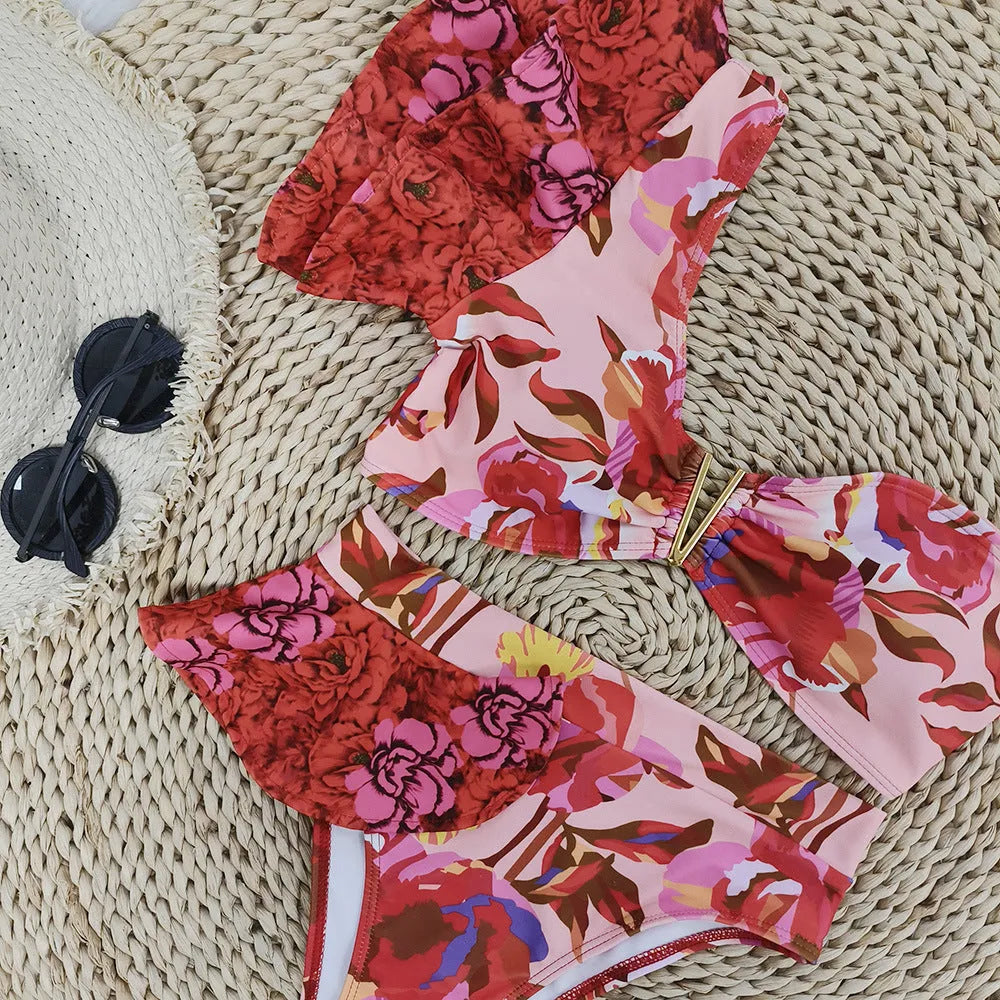 Women's pink floral one-shoulder ruffle bikini with high-waist briefs for swimming